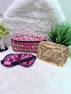 Clinique Pink Geometric Cosmetic Bag Set, Avon Gold Sequin Pouch & Eye Mask 💕